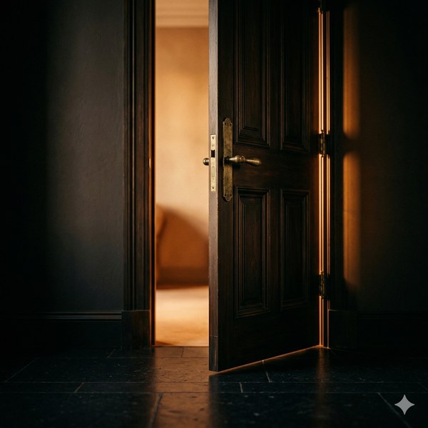 A door slightly ajar, warm light spilling through