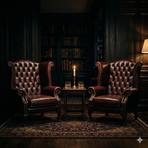 Two leather chairs facing each other in a dark study