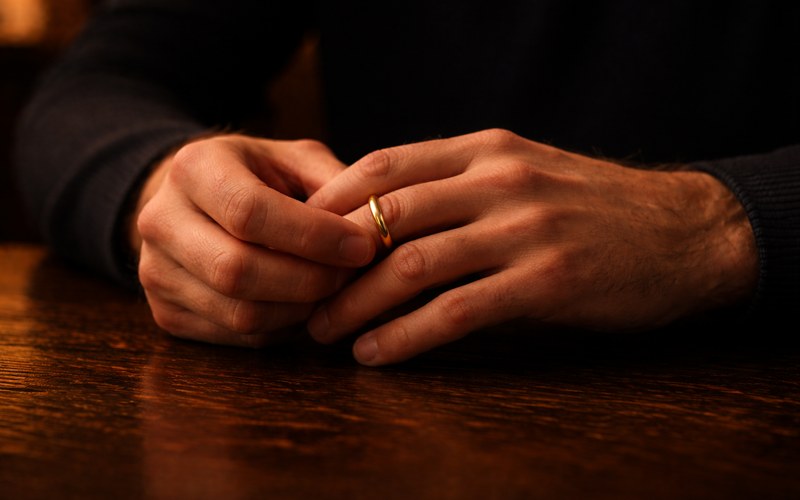 A man's hands at a dark table, removing a wedding ring