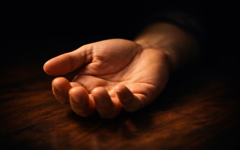 Eine offene Hand auf dunklem Walnussholz - eine Einladung